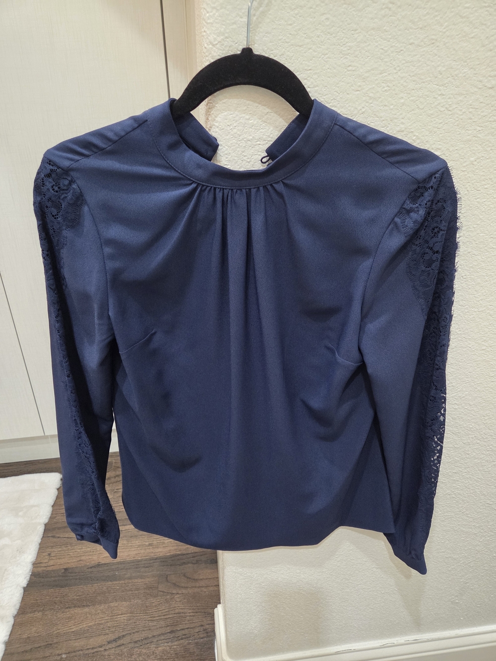 Brooks Brothers Navy Mock-Neck Blouse with Lace Sleeves NWT